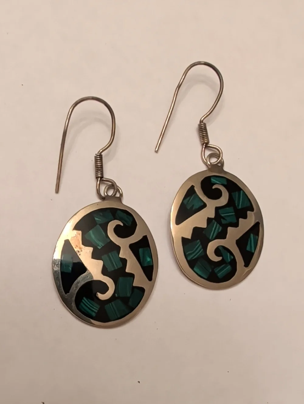 Alpaca Oval Drop Earrings with Green Inlay